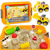 Construction Sensory Bin contents with play sand and glow stones