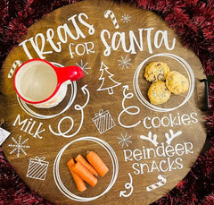Round wooden serving tray for holiday treats and reindeer snacks