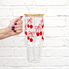 Coquette Cherry Bow design on 40oz glass tumbler close up