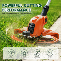 Cordless string trimmer with 12 inch cutting width close up