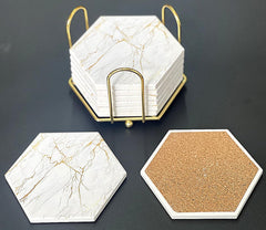 Gold metal holder for Marble Coasters with Gold Veining hexagonal cork-backed coasters