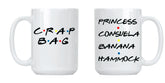 Crap Bag & Princess Consuela Banana Hammock mug set 15oz white cups side by side