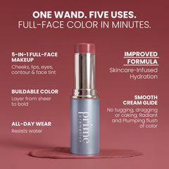 PrimeWand Nude cream blush stick applied to cheek for mature skin