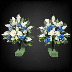 Cream rose and blue calla lily silk flowers for grave memorial