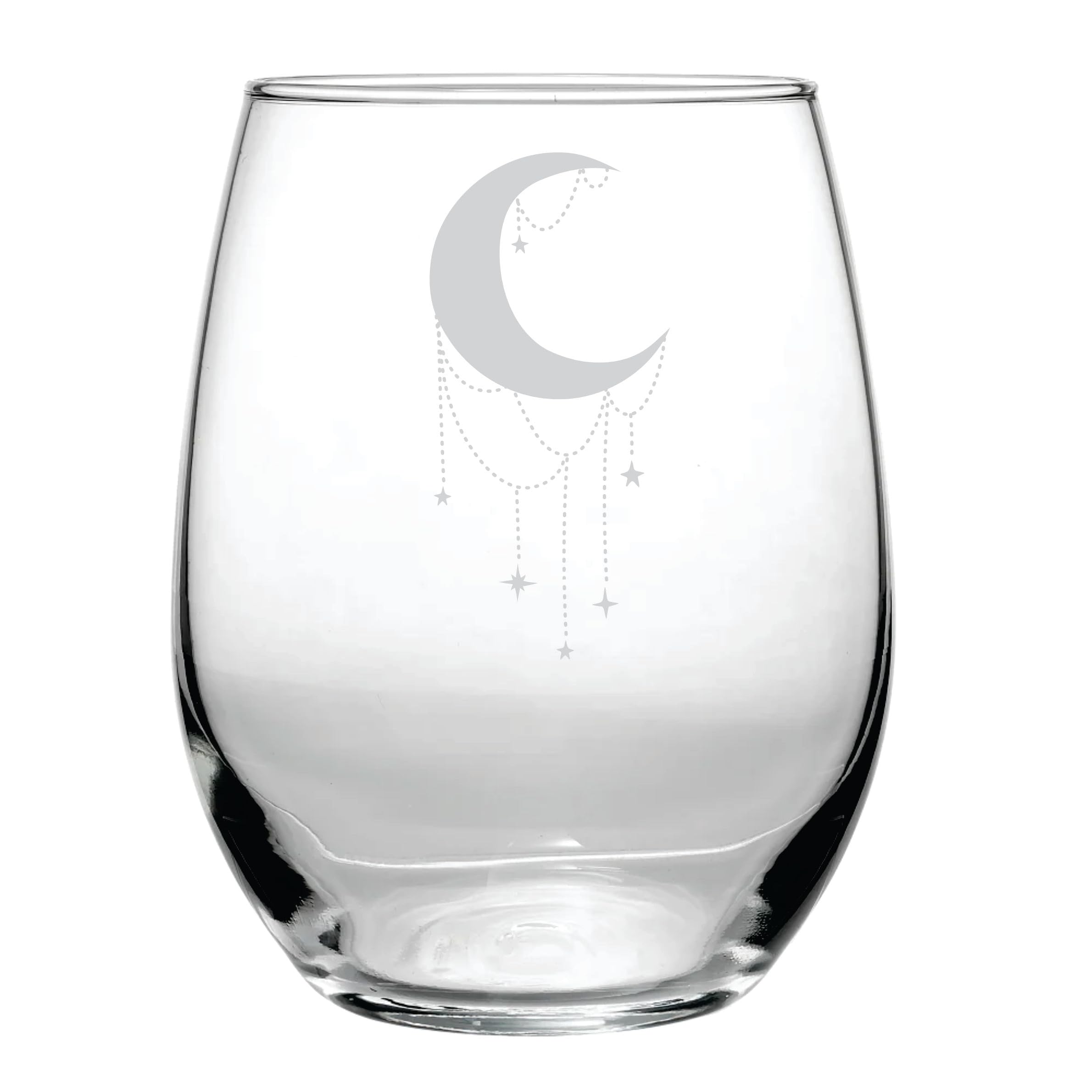 Crescent Moon Crystal 15 oz stemless glass with etched crescent moon design