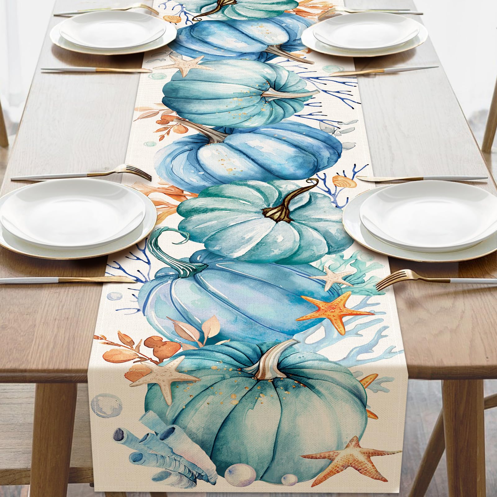 Croar dining table runner with coastal fall blue teal pumpkin design