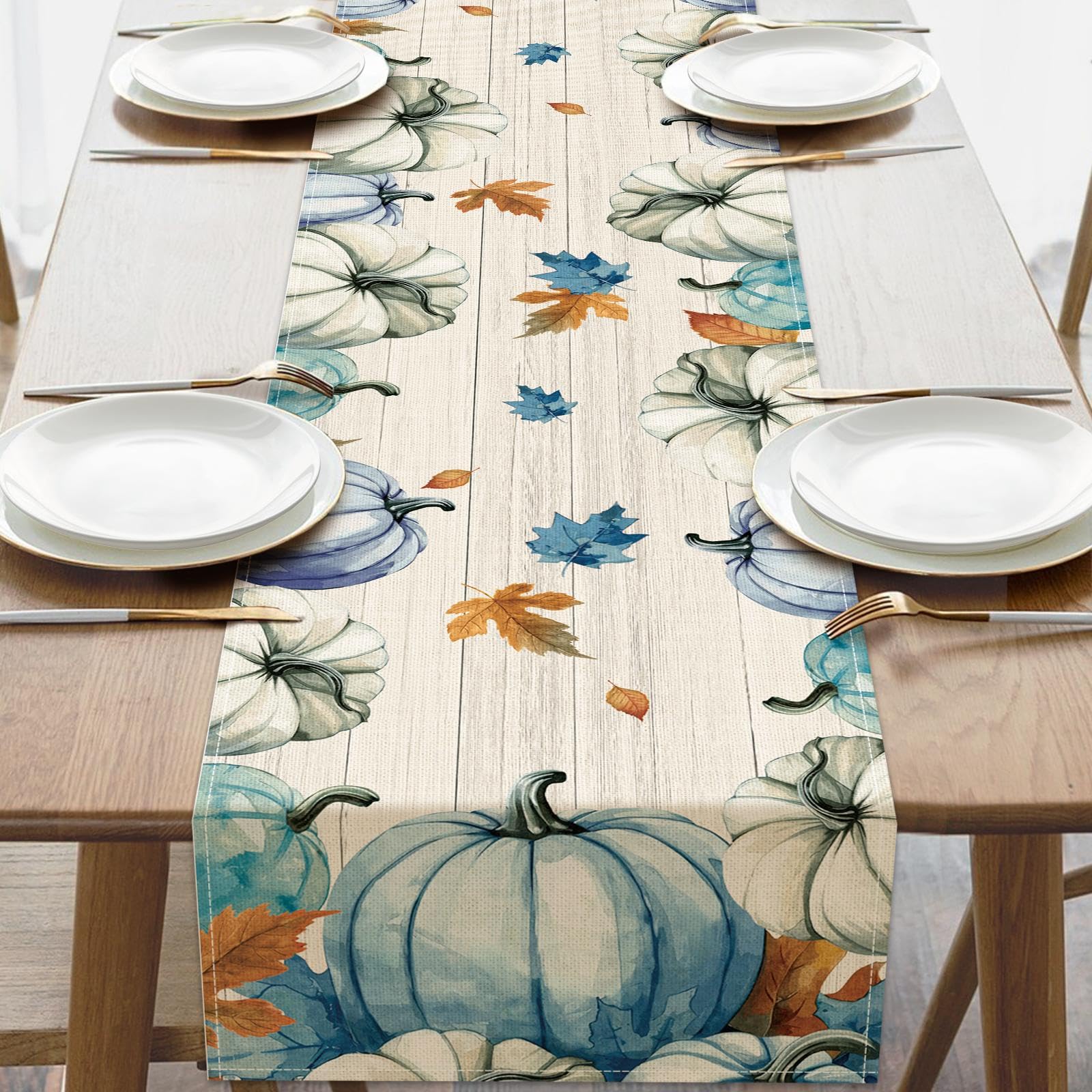 Croar dining table runner 13x72 fall blue white teal pumpkin