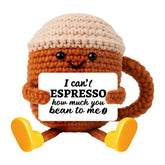 Handmade crochet coffee cup gift with brown yarn