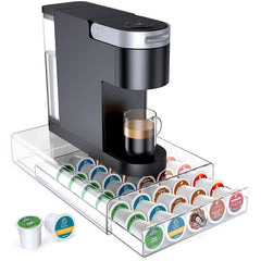 Crystal Clear Acrylic K Cup Organizer showing coffee pods