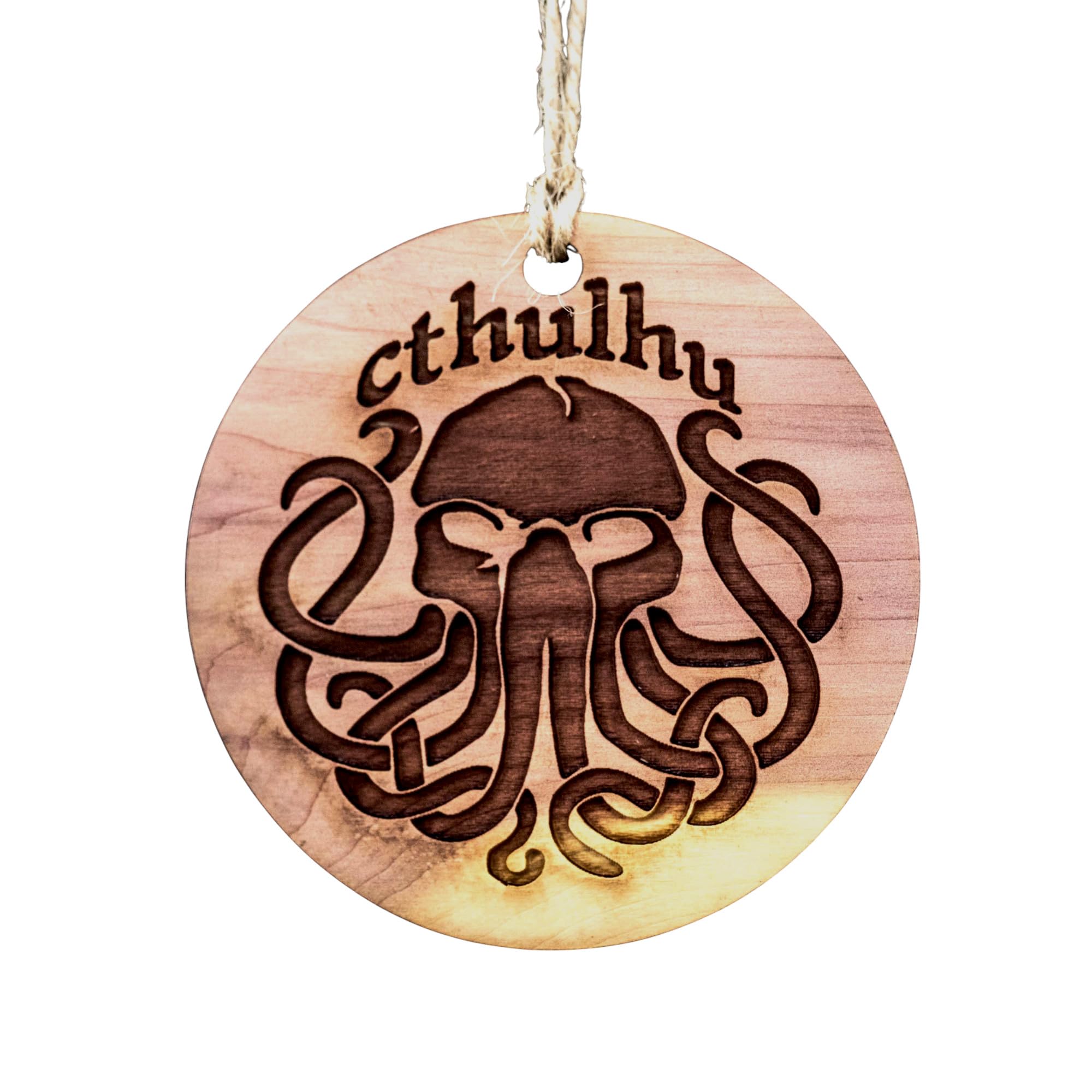 Cthulhu Raw Cedar Ornament 3x3in front side engraved