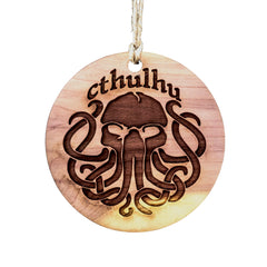 Cthulhu Raw Cedar Ornament 3x3in front side engraved