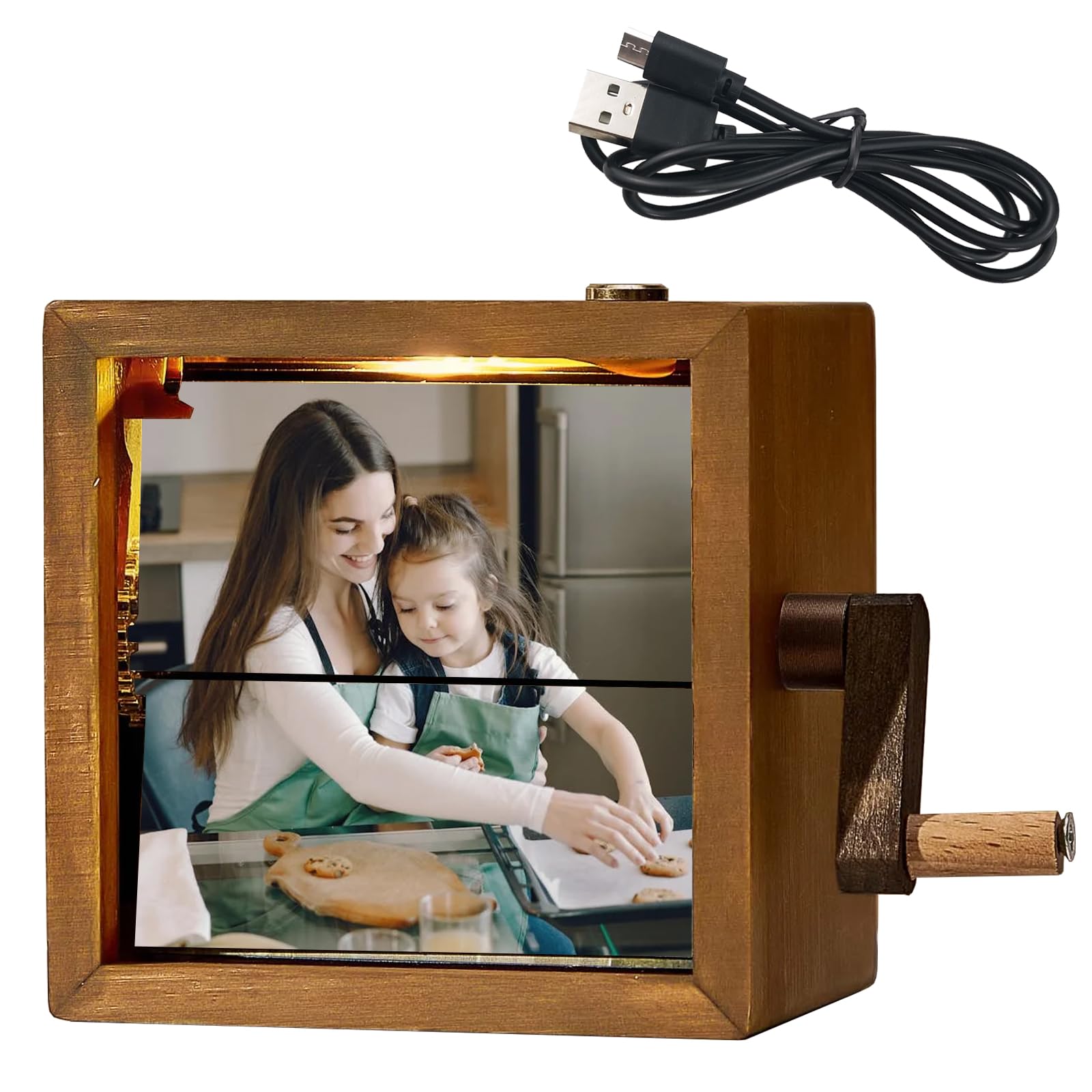 Close up of Custom Animation Machine flip book frame showing wooden frame