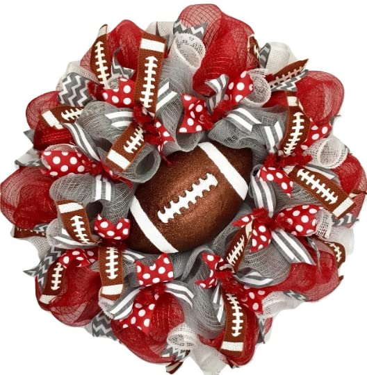 Custom Football Game Day wreath with team colors and glittering football centerpiece