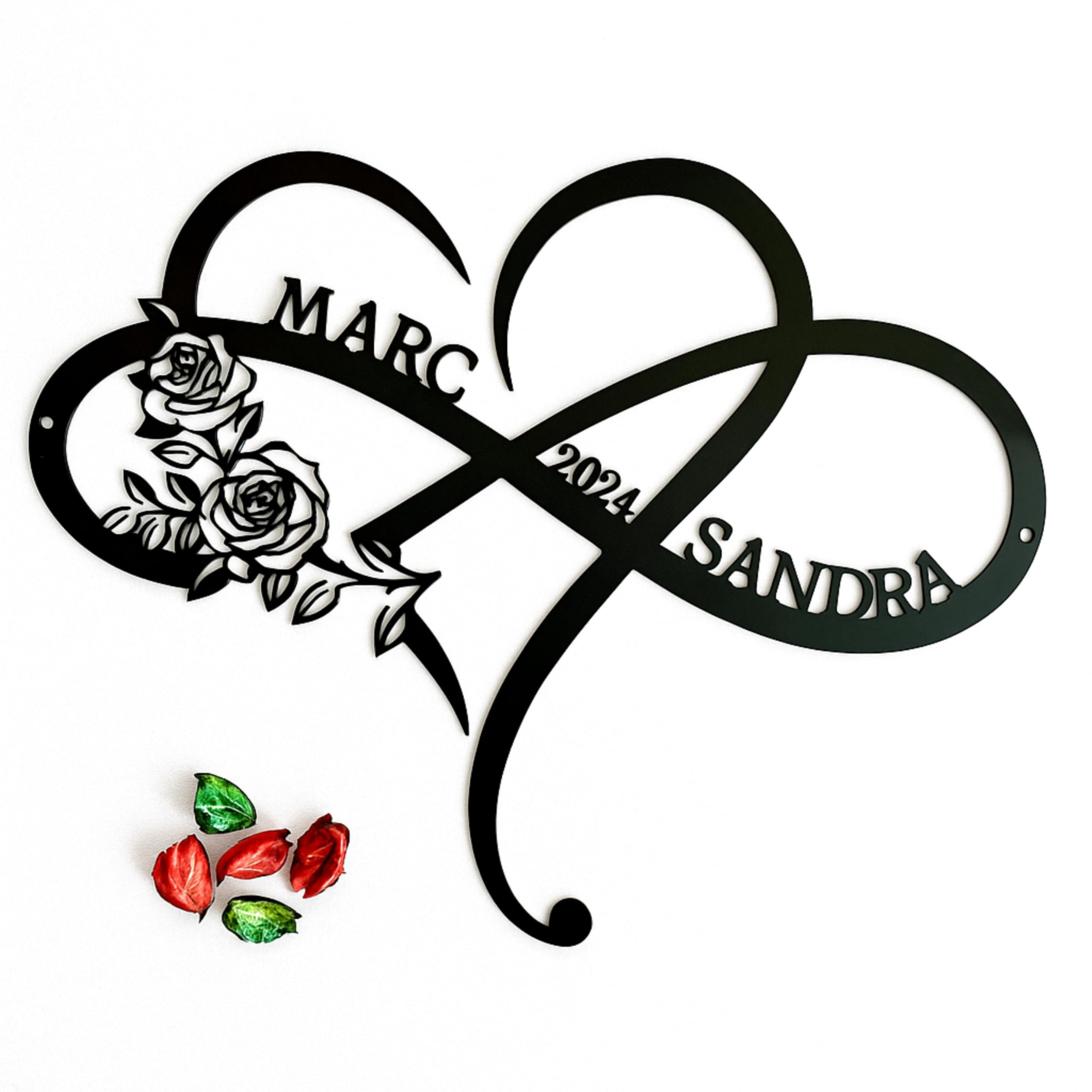 Custom Infinity Heart Sign with Roses red metal wall art plaque 26x30 cm