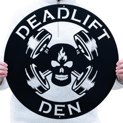 Custom Metal Skull Barbell Gym Name Sign front view