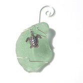 Custom surf tumbled sea glass ornament with silver sea turtle charm