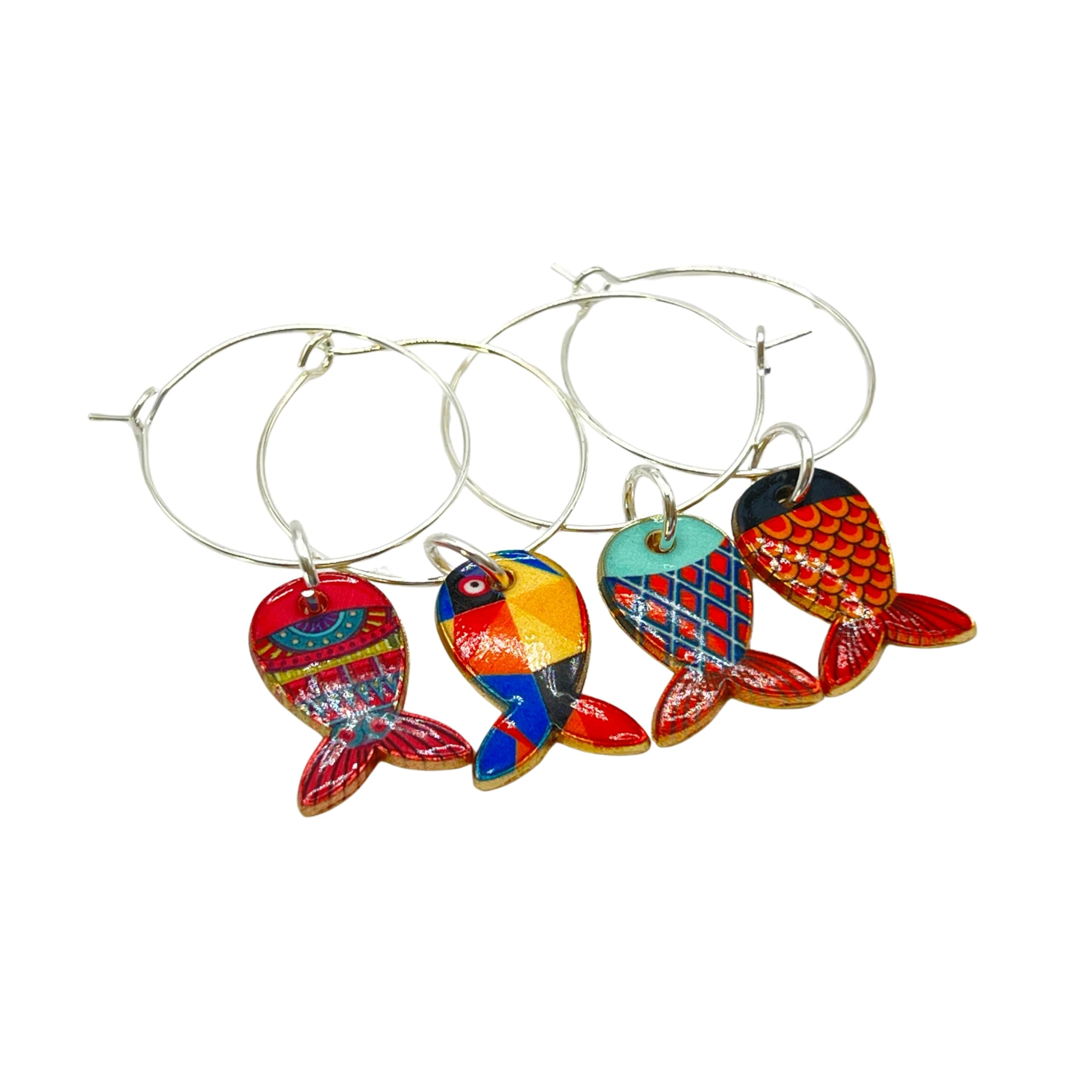 Cute Fish Wine Charms set of 4 with colorful enamel fish