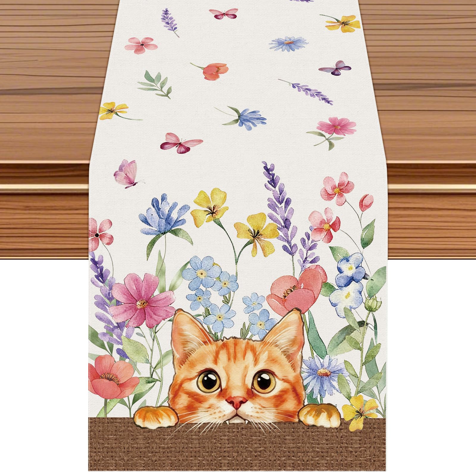 Cute orange cat floral table runner with wildflowers on dining table