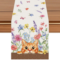 Cute orange cat floral table runner with wildflowers on dining table