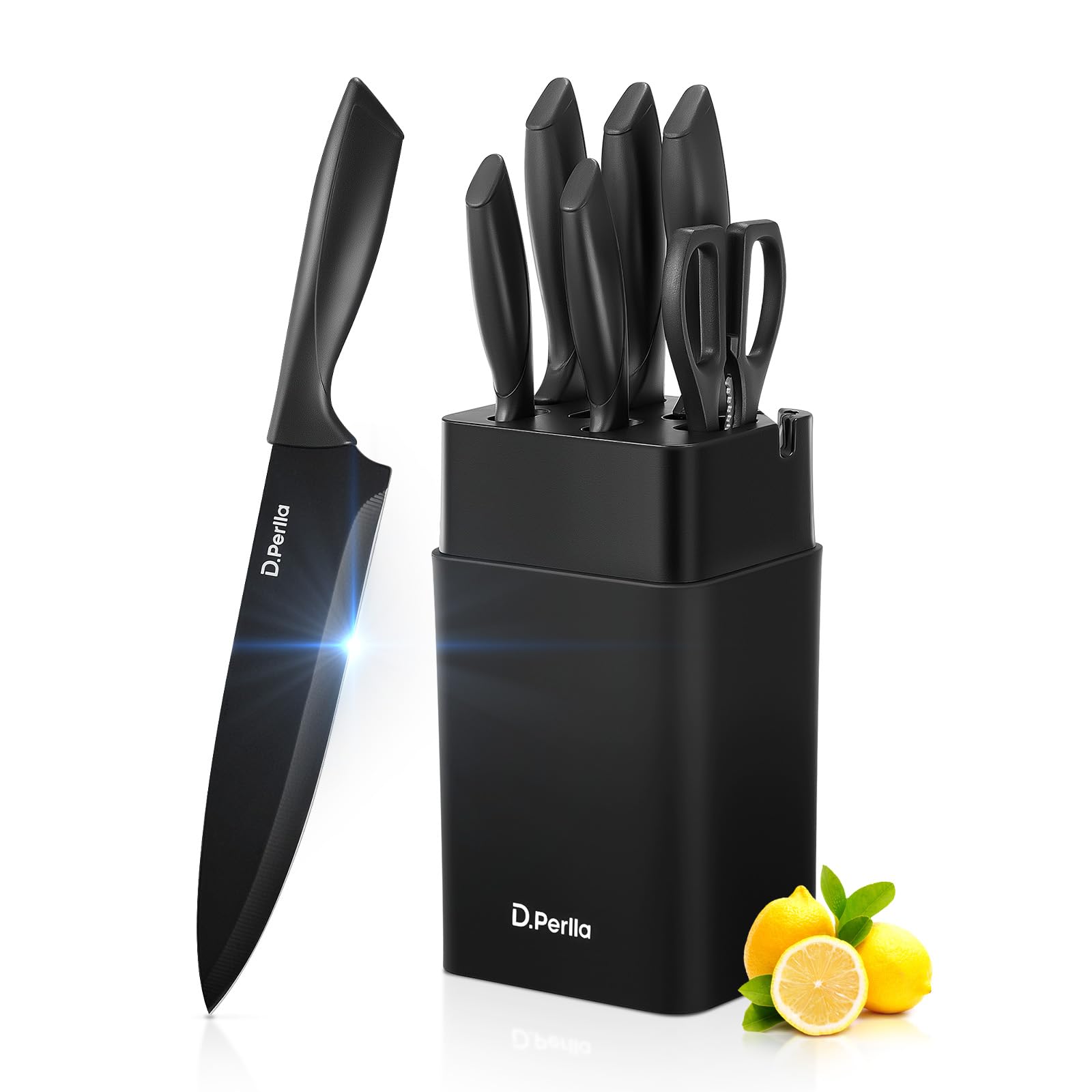 D.Perlla 8-Piece Knives Set blades with built-in sharpener in black block