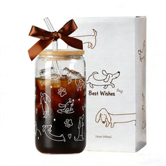 Dachshund Gift for Women glass cup 16oz with lid and straw