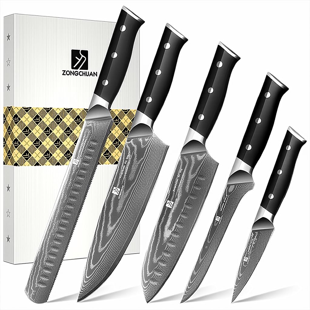 Damascus 5-piece knife set with chef knife