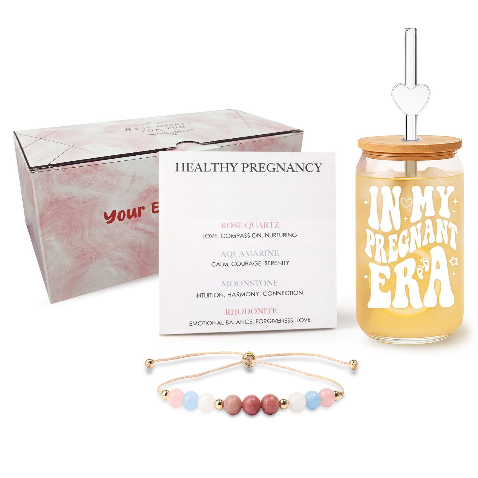 DAMCONME pregnancy gift set with bracelet and glass in pink box