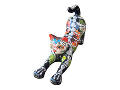 Day of the Dead Talavera Stretching Cat Statue handcrafted Mexican pottery 17.5 inches long