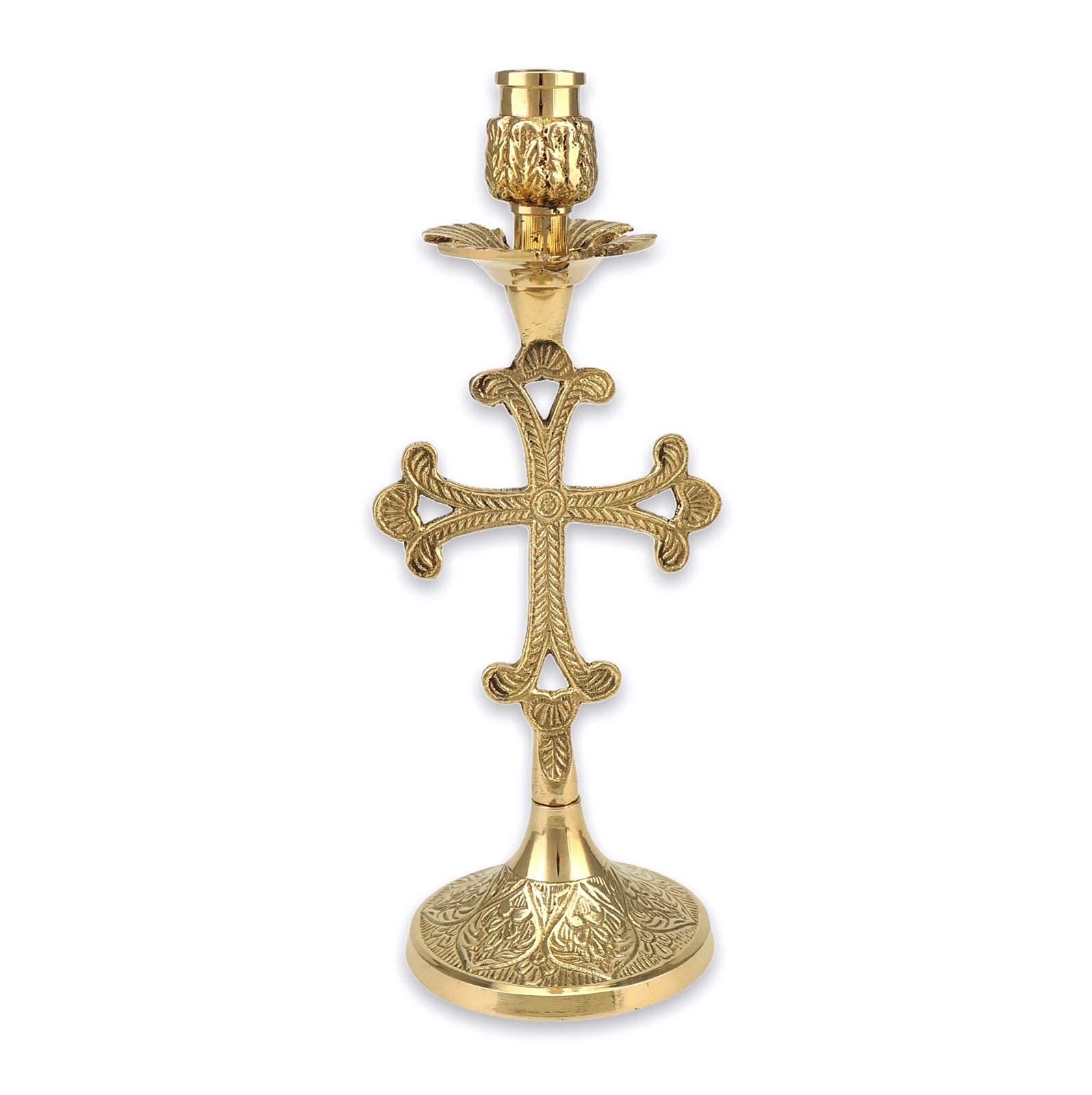 Decorated cross shape brass candle holder