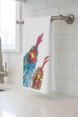 Two-sided hand printed watercolor chickens kitchen towel