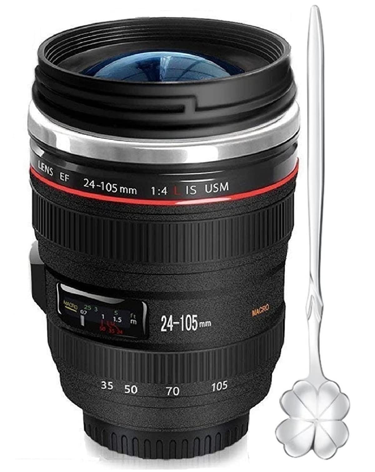 DEEXITO camera lens coffee mug with four leaf clover spoon
