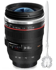 DEEXITO camera lens coffee mug with four leaf clover spoon
