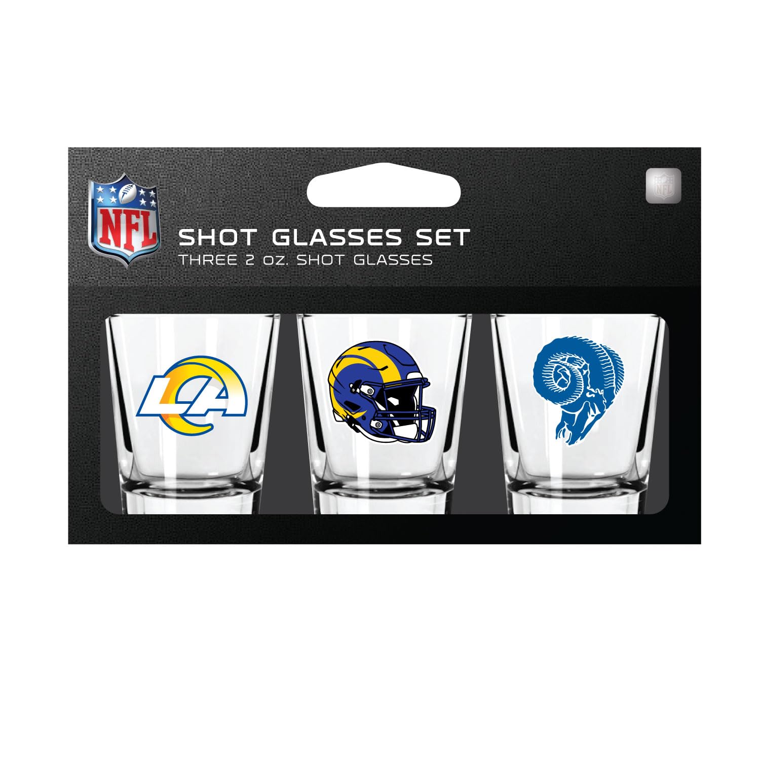 Denco Los Angeles Rams 3 Pack Shot Glass Set with team logos on both sides