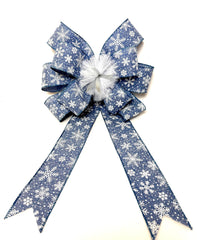 Pre-assembled wreath bow with white glitter snowflakes
