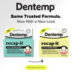 Dentemp Recap-It Cap and Crown Repair Kit packaging close-up
