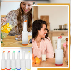 Color coded juice bottle containers for easy identification