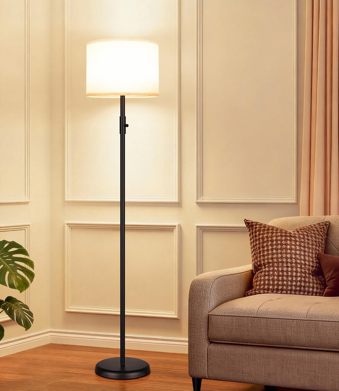 Dimmable floor lamp with black pole and linen shade for living room