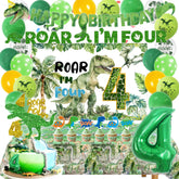 Dinosaur 4th birthday decorations for boys kit with banner and cake topper