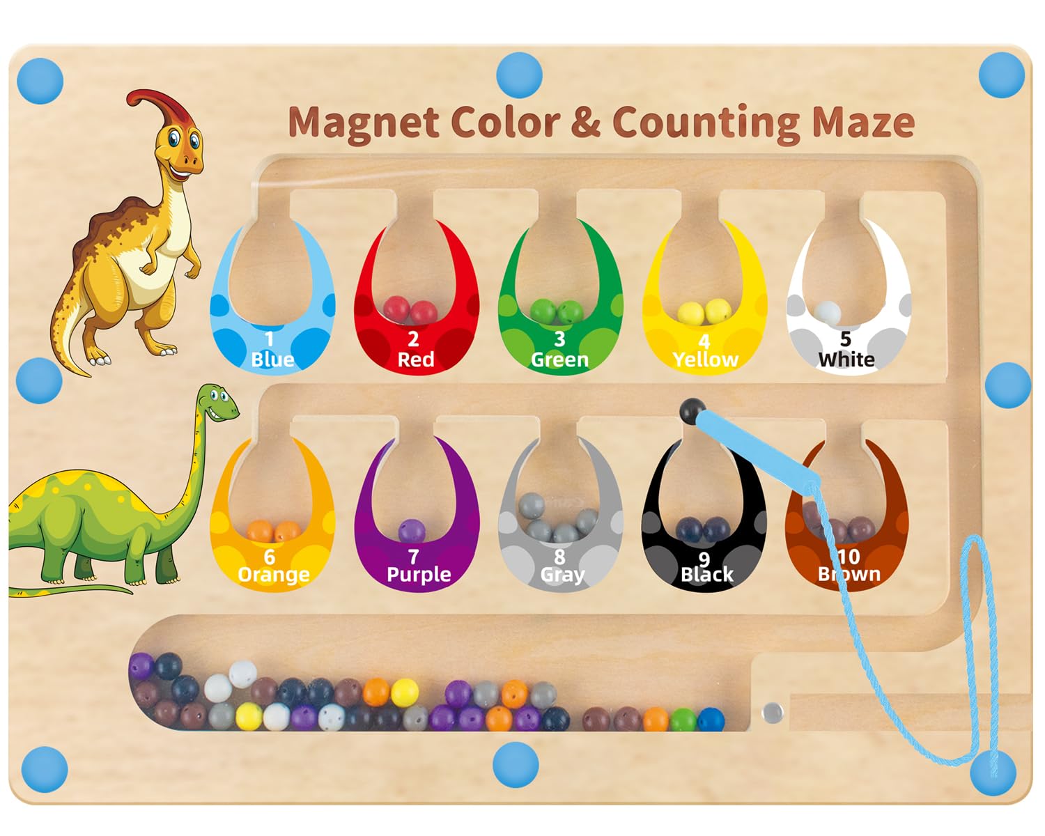 Dinosaur Toys magnetic color and number maze beads on acrylic surface