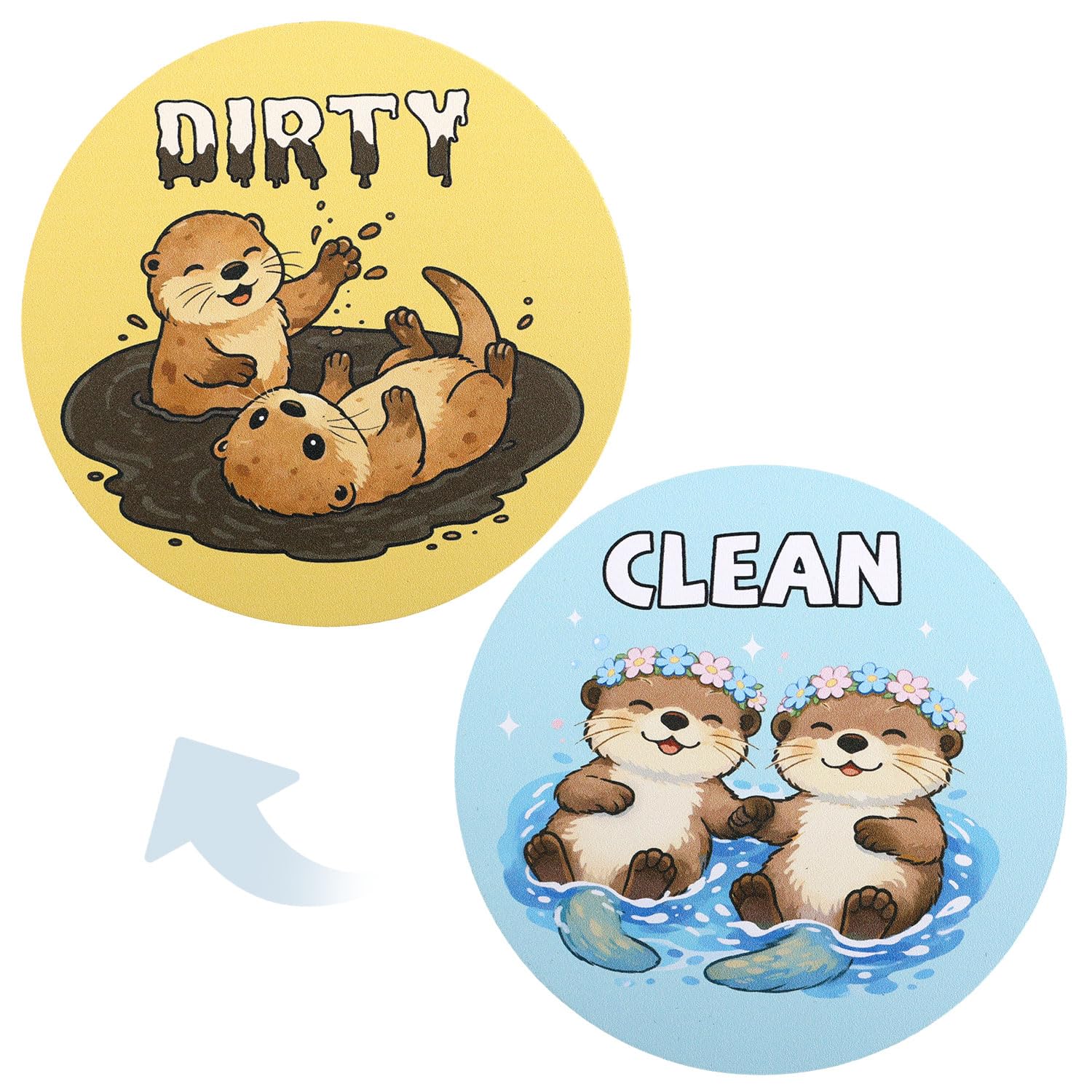 Otter themed dishwasher magnet clean dirty sign in brown and blue on metal surface