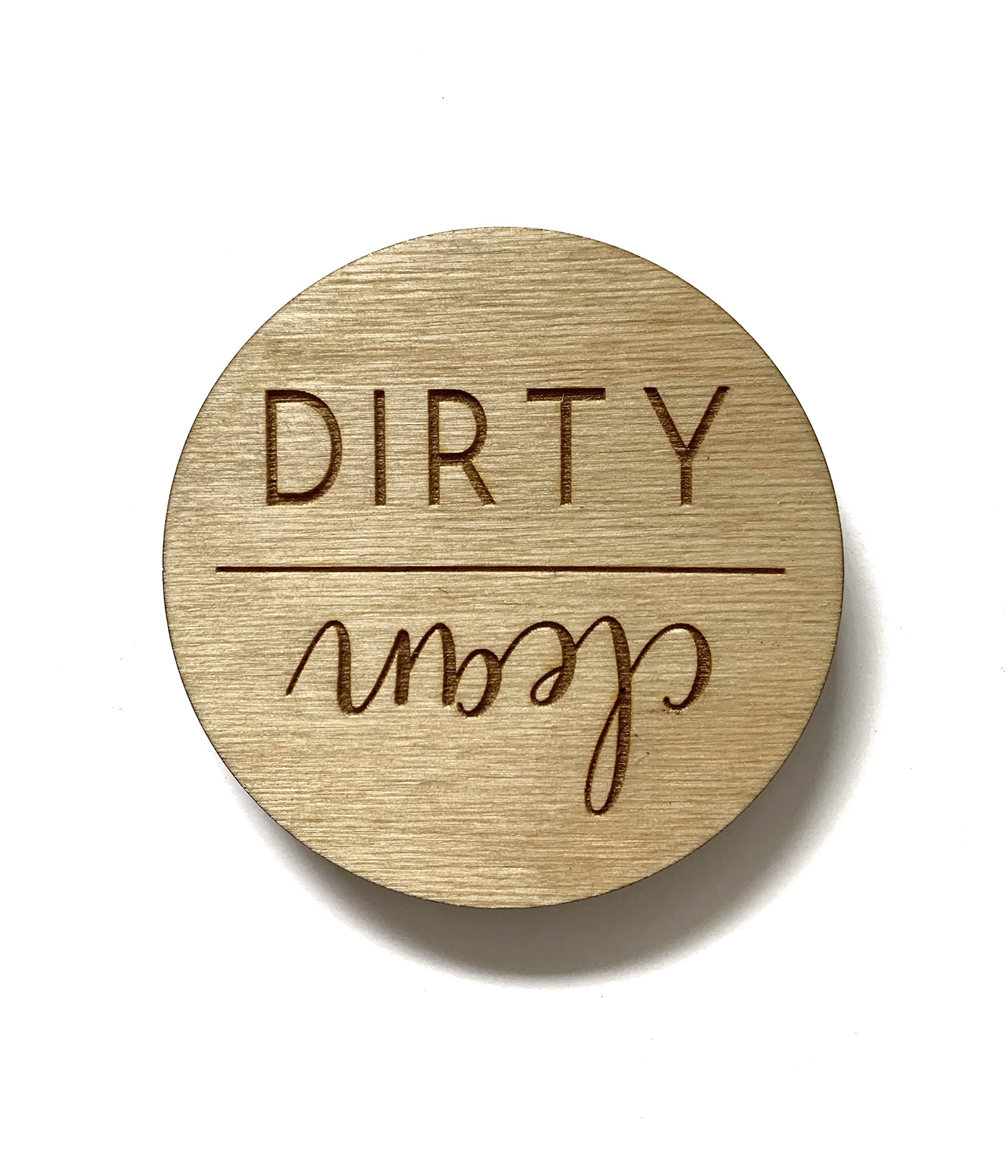 Dishwasher magnet sign indicator with driftwood finish on kitchen appliance