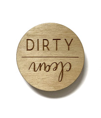 Dishwasher magnet sign indicator with driftwood finish on kitchen appliance