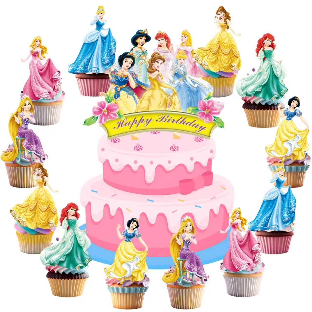 Disne Princess 25Pcs cake decorations set with 1 large topper and 24 cupcake toppers