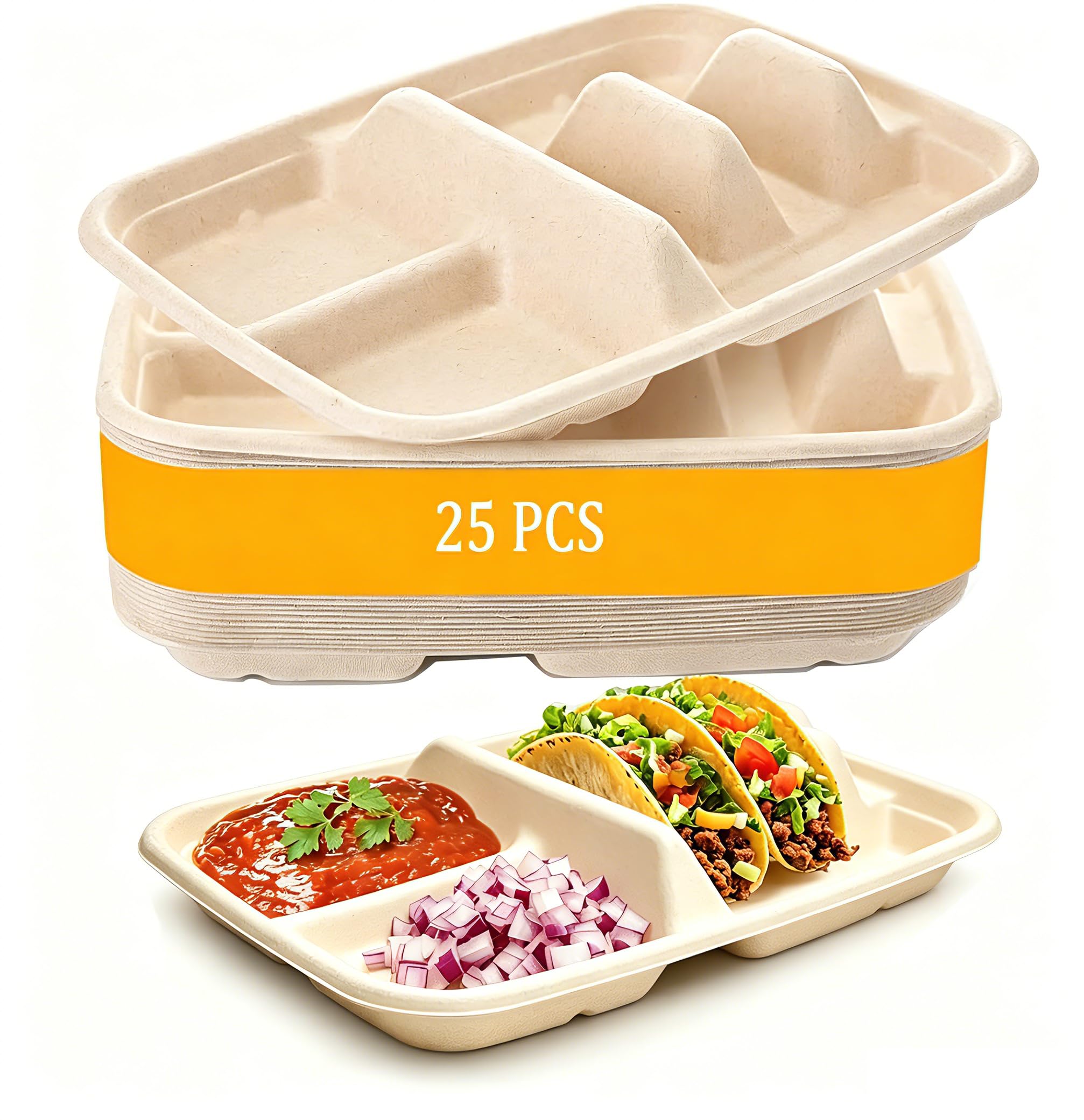 Disposable Taco Plates 25 Pack with Dividers for two tacos and two sides