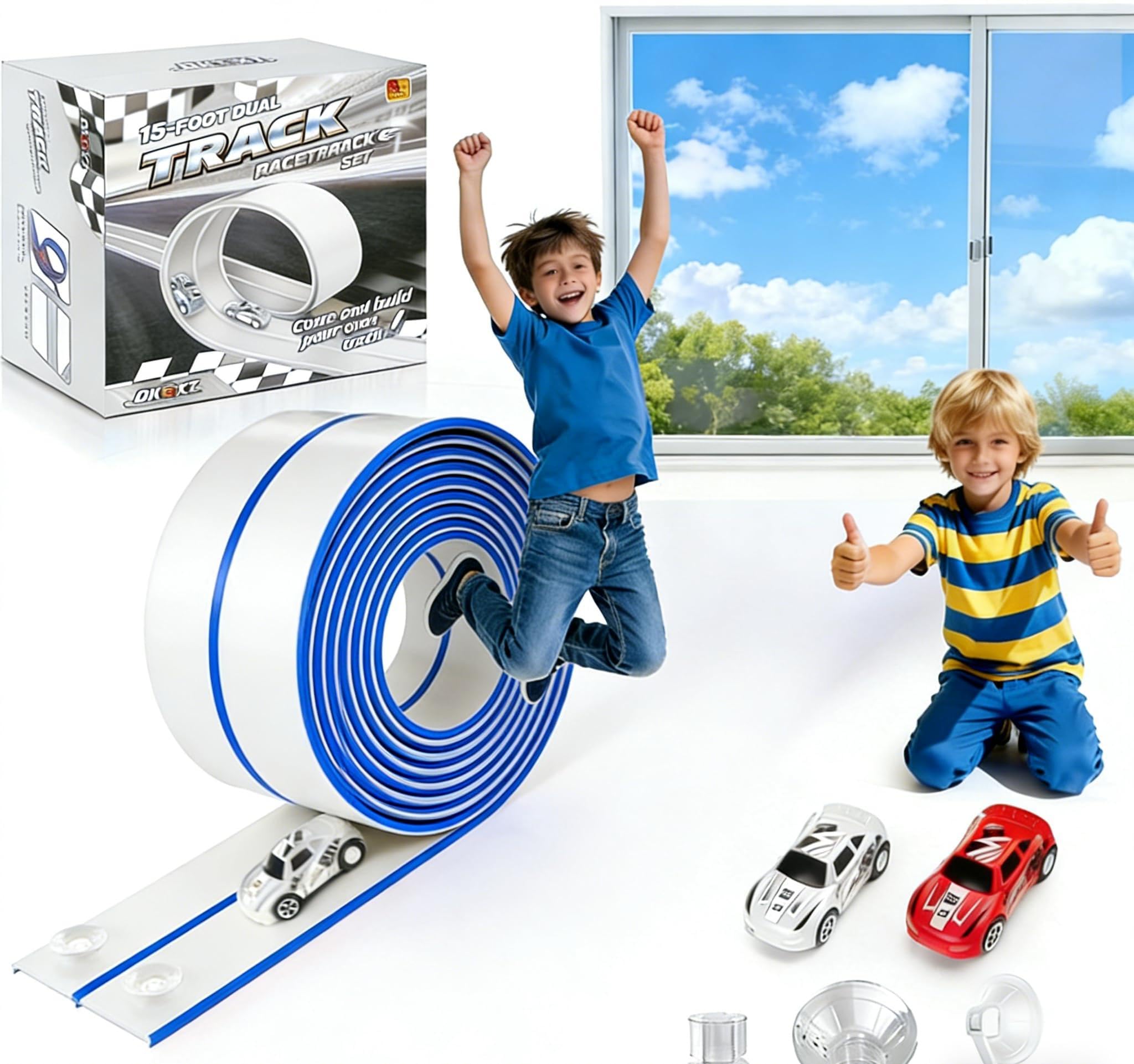 DKOXT Car Track Set with 2 Toy Cars and 3 Suction Cup Ramps on a 15ft dual track