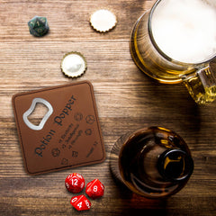 DND Coaster Bottle Opener vegan leather wrap stainless steel core
