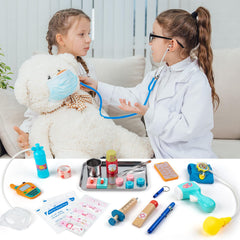 Kids doctor playset showing wooden syringe and capsules