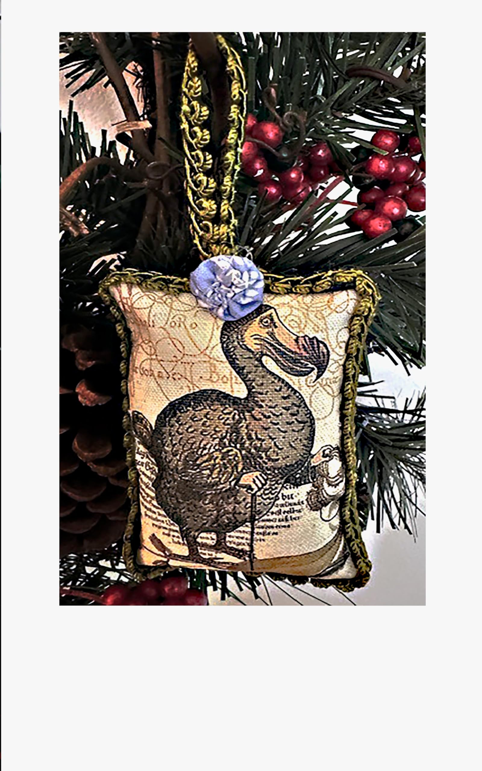 Dodo Christmas Tree Ornament from Alice's Adventures in Wonderland fabric collage with trim