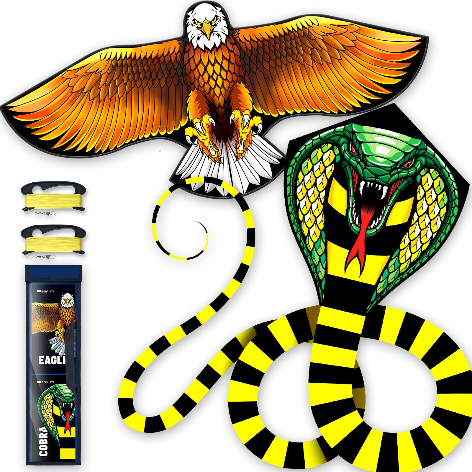 Doinfly kite set ages 8-12 Eagle and Snake kites on display