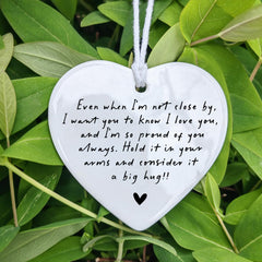 glossy glaze finish on heart ceramic ornament with double-sided text